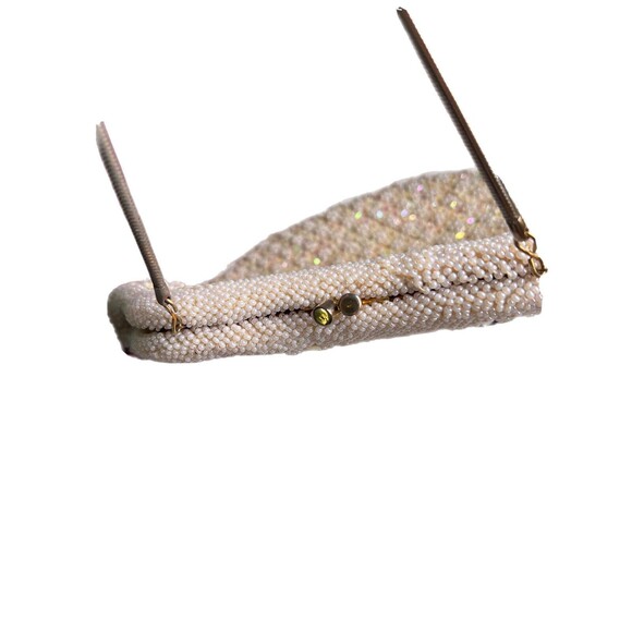 vintage la regale beaded purse White Beads Yellow Satin Lining Chain Handmade HK - Picture 3 of 11